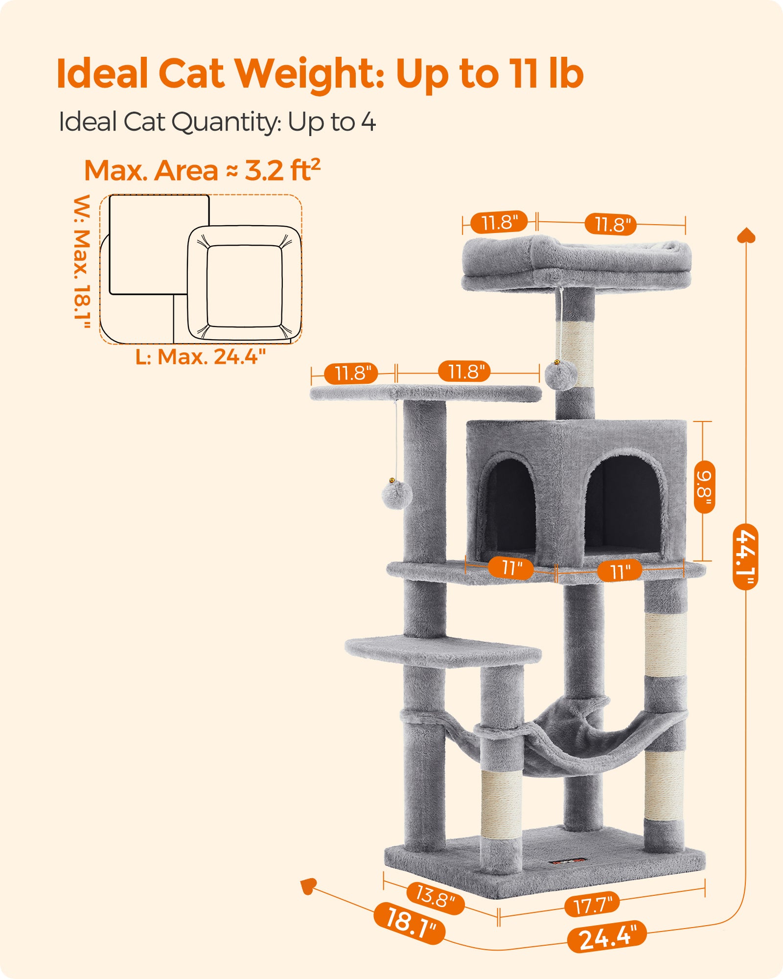 Indoor Cat Tree: Feandrea 44.1-Inch Tower with Scratching Posts